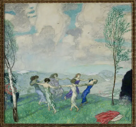 Dipinto di un paesaggio ventoso con sei donne che si tengono per mano camminando in cerchio