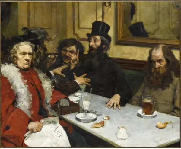 Dipinto che raffigura cinque uomini in un bar a inizio '900
