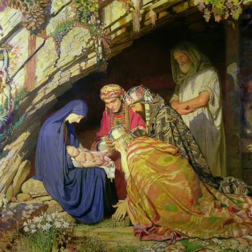 Dipinto con i tre re Magi inginocchiati di fronte a Maria e Gesù