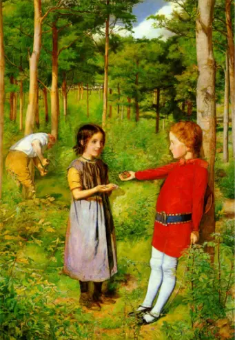 Dipinto di un bambino che porge delle fragole a una bambina nel bosco. Il boscaiolo padre della bambina sullo sfondo.