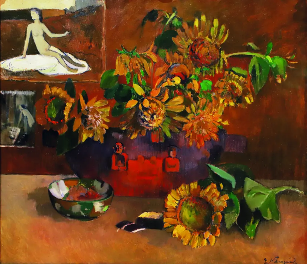 Dipinto di un vaso di girasoli appoggiato su un tavolo accanto a una ciotola